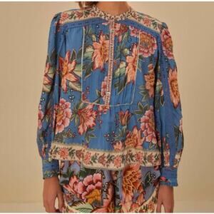 Farm Rio Blue Wonderful Floral Bouquet Long Sleeve Blouse Womens Medium